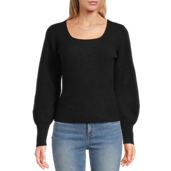 Madewell Soft Wool-Blend Square-Neck Pullover Sweater 2XS Black Blouson Sleeve - Picture 1 of 9